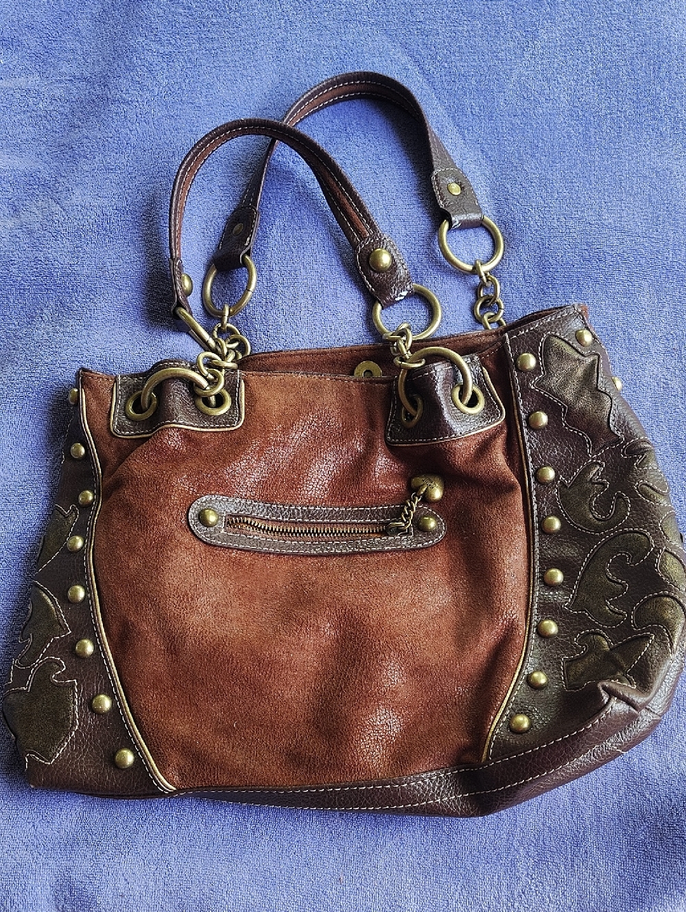 Brown Studded Leather Shoulder Bag with Front Zip Pocket